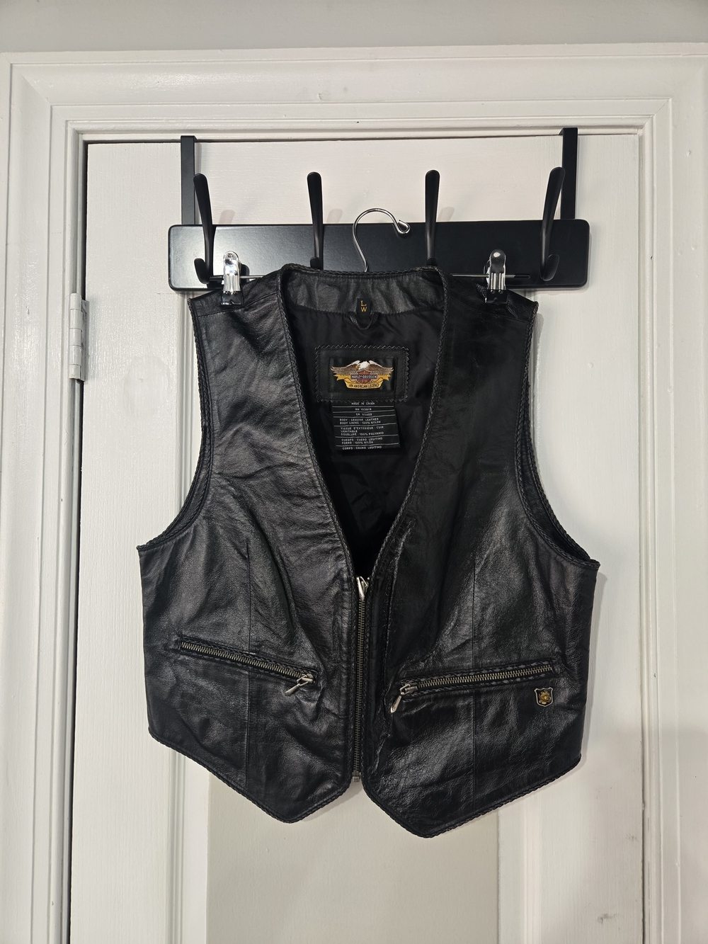 Harley Davidson Motorcycles Black Genuine Leather Zip-Up Biker Vest Womens L VTG